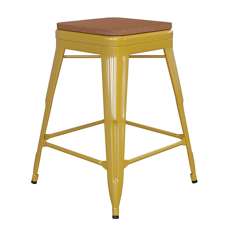Flash Furniture Kai Indoor-Outdoor Backless Counter Height Stool, Yellow with Teak Seat (CH3132024YLPL2T) image 1