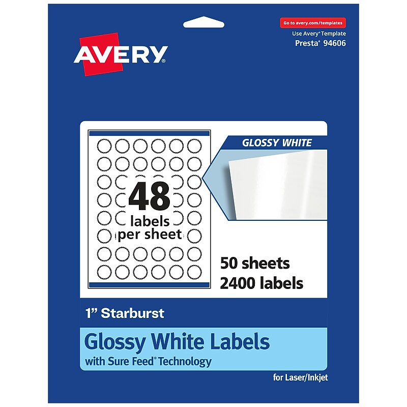 Avery Laser/Inkjet Multipurpose StarburstLabels, 1" Dia, Glossy White, 2400/Box (94606) image 1