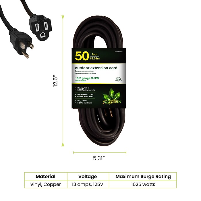 GoGreen Power 50' Indoor/Outdoor Extension Cord, 16 AWG, Black (GG
