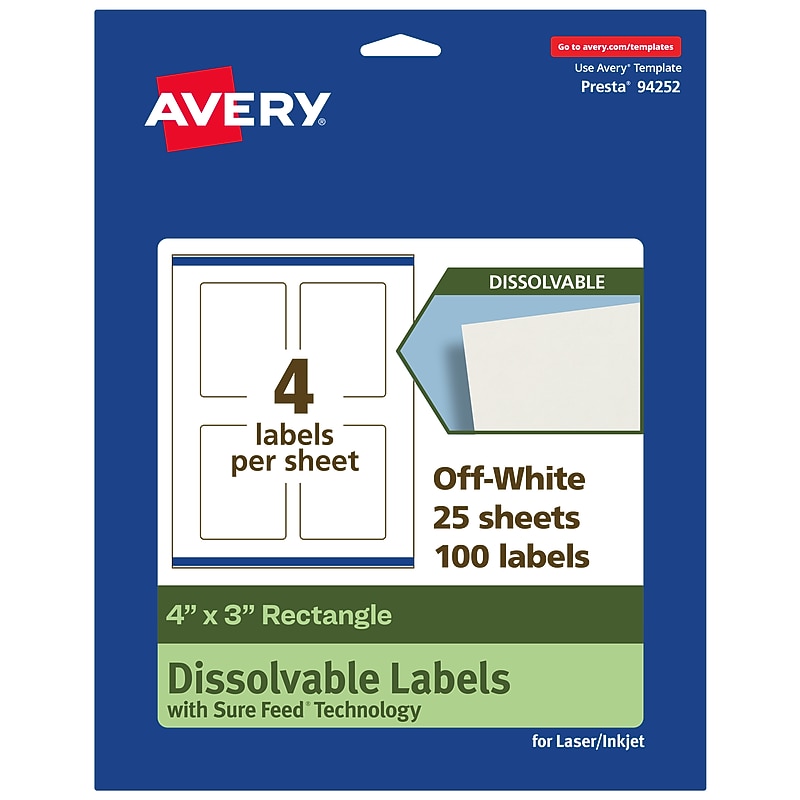 Avery Dissolvable Rectangle Multipurpose Labels, 4" x 3", Off-white, 100/Pack (94252) image 1