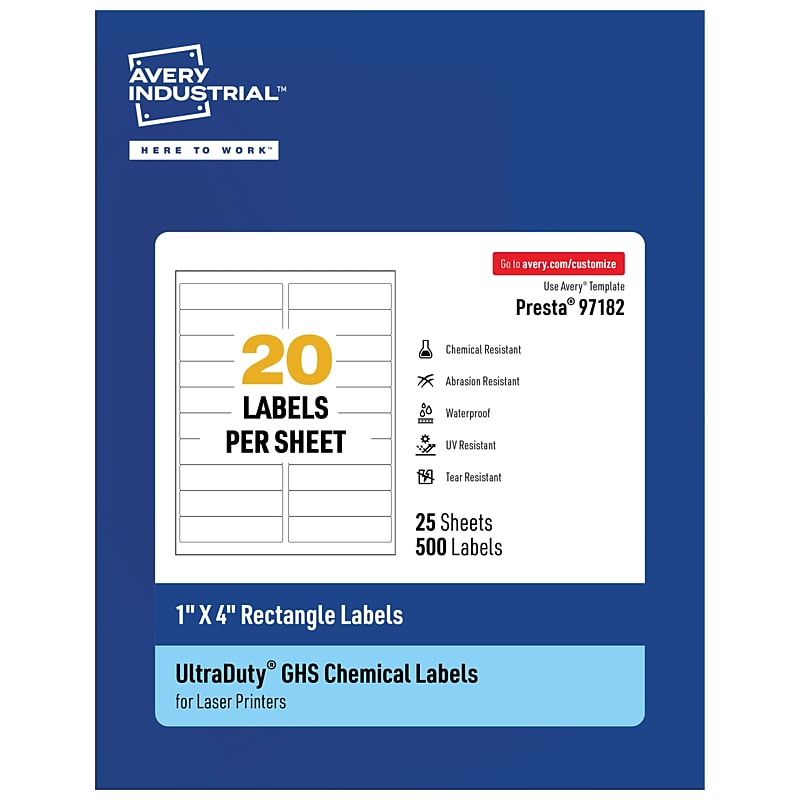 Avery Laser UltraDuty GHS Labels, 1" x 4", White, 500 Labels/Pack (97182) image 1