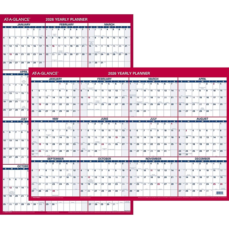 2026 AT-A-GLANCE 36" x 24" Yearly Wet-Erase Wall Calendar, Reversible, White/Red (PM26P-28-26) image 1