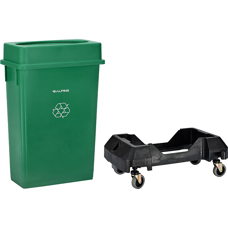 Alpine Industries Polypropylene Recycling Bin with Lid and Dolly, 23 Gallon, Green (ALP477-GRN2-PKD) image 1