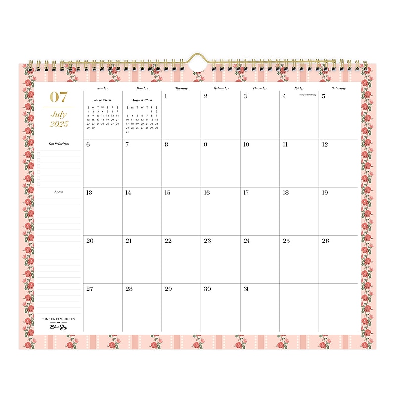 2025-2026 Blue Sky Sincerely Jules Rosie Stripe 15" x 12" Academic Monthly Wall Calendar (155324) image 1