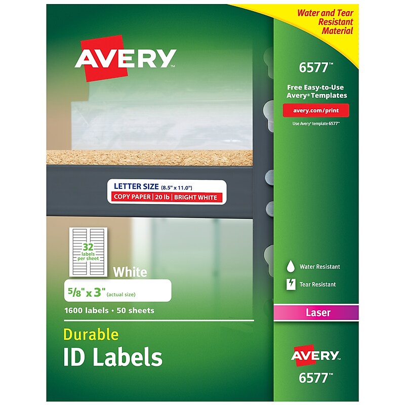 Avery TrueBlock Laser Durable ID Labels, 5/8" x 3", White, 1,600 Labels/Box (6577) image 1