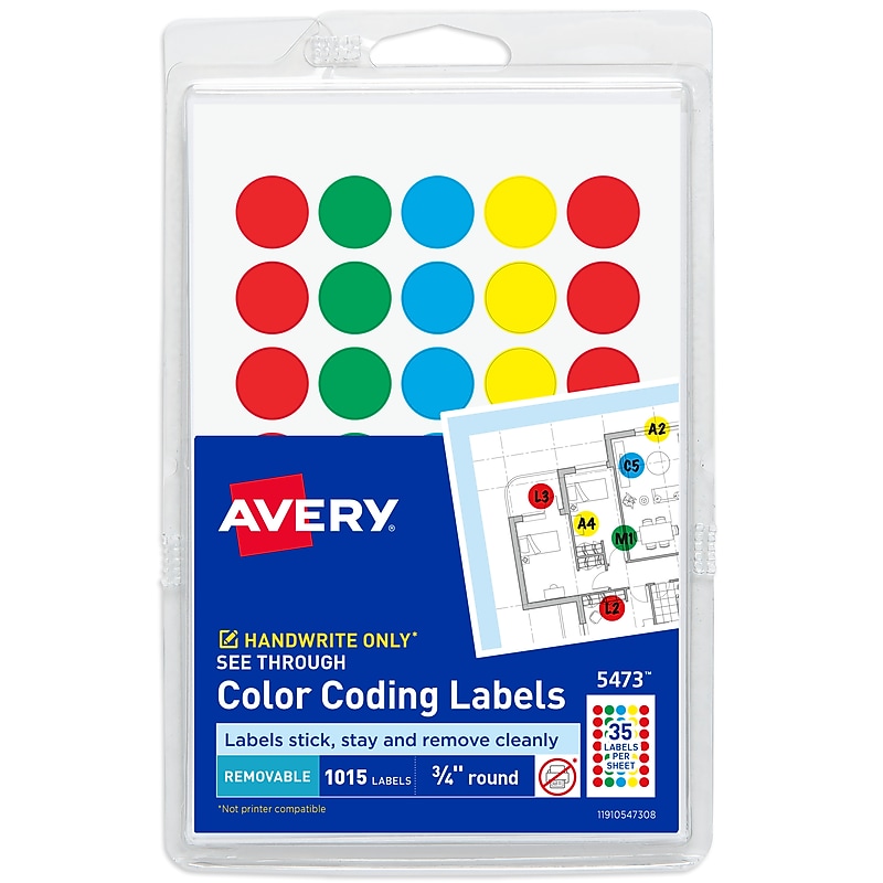 Avery See-Through Color Coding Labels, 3/4" Dia, Translucent Assorted Colors, 1,015 Labels/Pack (5473) image 1