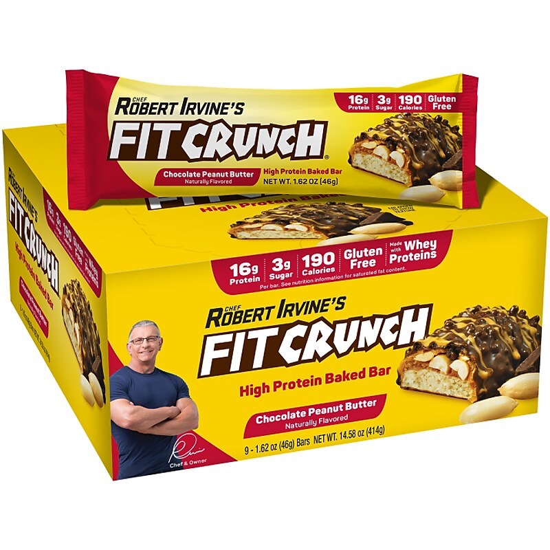 FITCRUNCH Gluten-Free Chocolate Peanut Butter High-Protein Baked Bar, 1.62 oz., 9 Bars/Box (FC201E) image 1