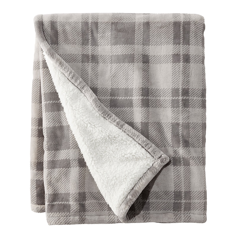 L.L.Bean Wicked Plush Sherpa Throw, Large, Harbor Gray Plaid (1000095137) image 1