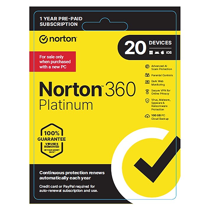 Norton 360 Platinum Software for 20 Users, Windows/Mac/Android/iOS