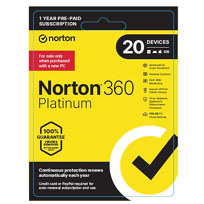 Norton 360 Platinum Software for 20 Users, Windows/Mac/Android/iOS, Product Key Card (21463271) image 1