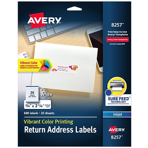 Avery Sure Feed Inkjet Return Address Labels, 3/4" x 21/4", 30 Labels/Sheet, 20 Sheets/Pack