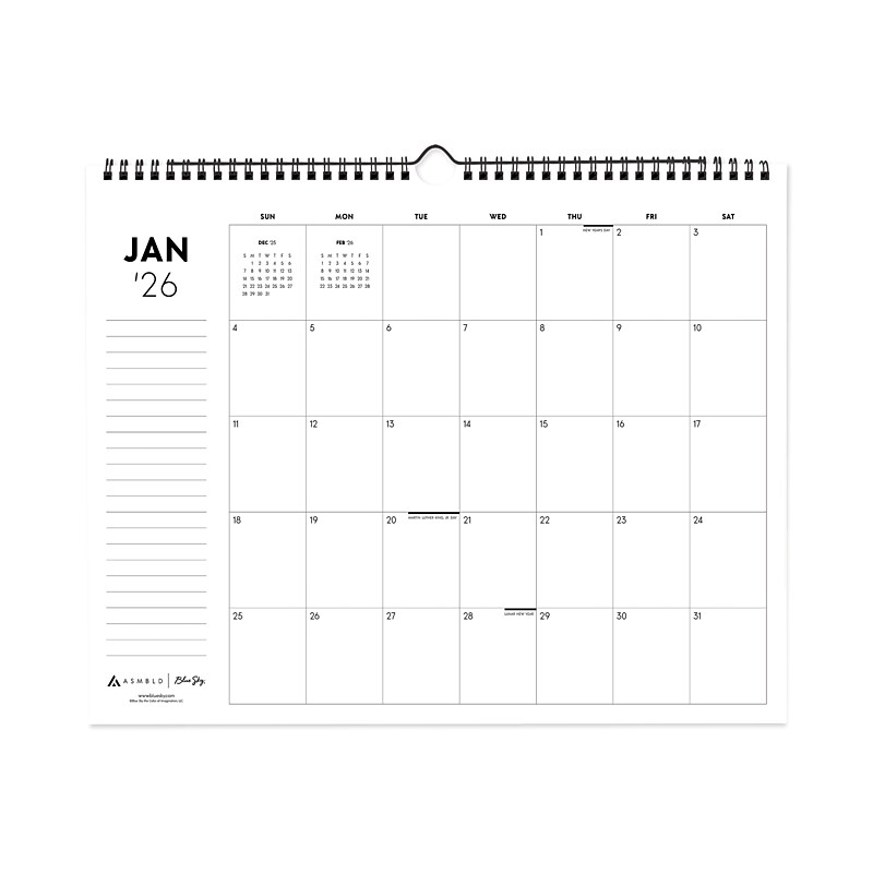 2026 Blue Sky 15" x 12" Monthly Wall Calendar, Black/White (154201) image 1