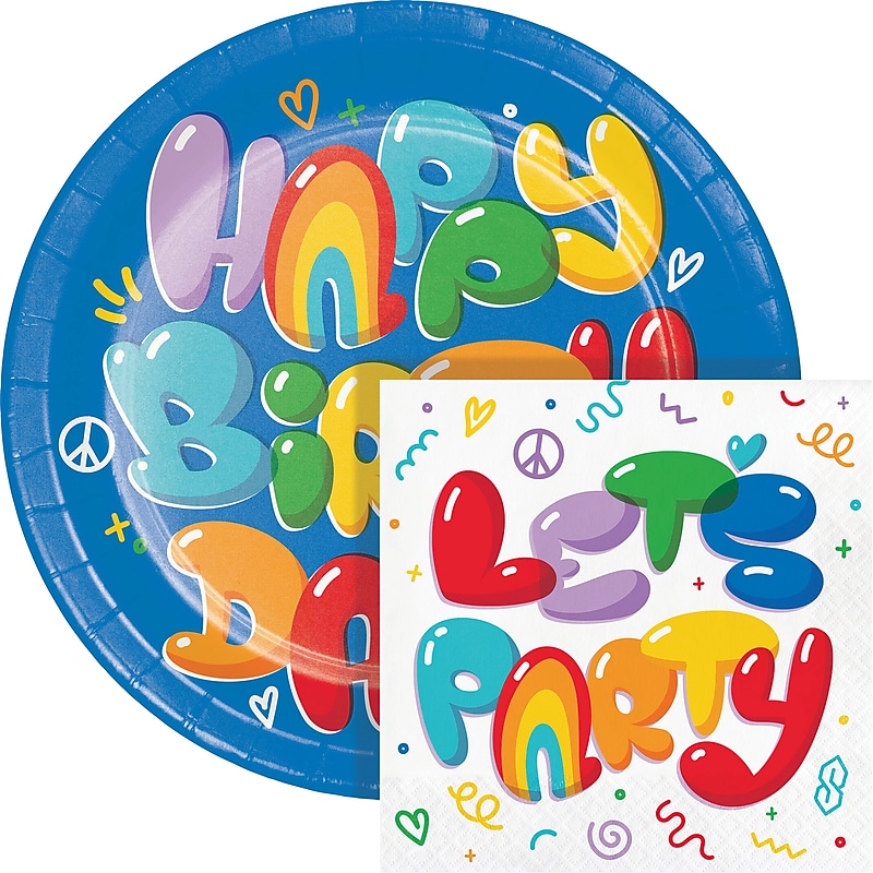 Creative Converting Bubbly Birthday Plates and Napkins Kit, Multicolored, Serves 16 (DTC9502E2G) image 1