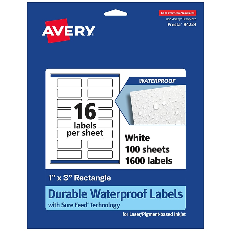 Avery Laser/Inkjet Waterproof Rectangle Multipurpose Labels, 1" x 3", White, 1600 Labels/Box (94224) image 1
