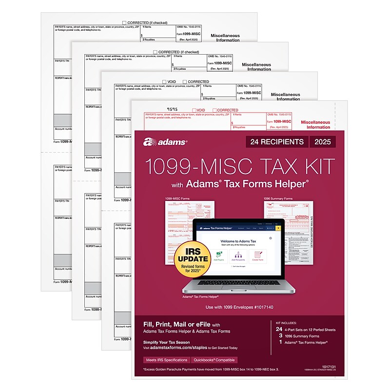 Adams 2025 1099-MISC Tax Forms Kit, 4-Part, 2-Up, A, 1, B & 2, 24/Pack (STAX5241MISC-25) image 1