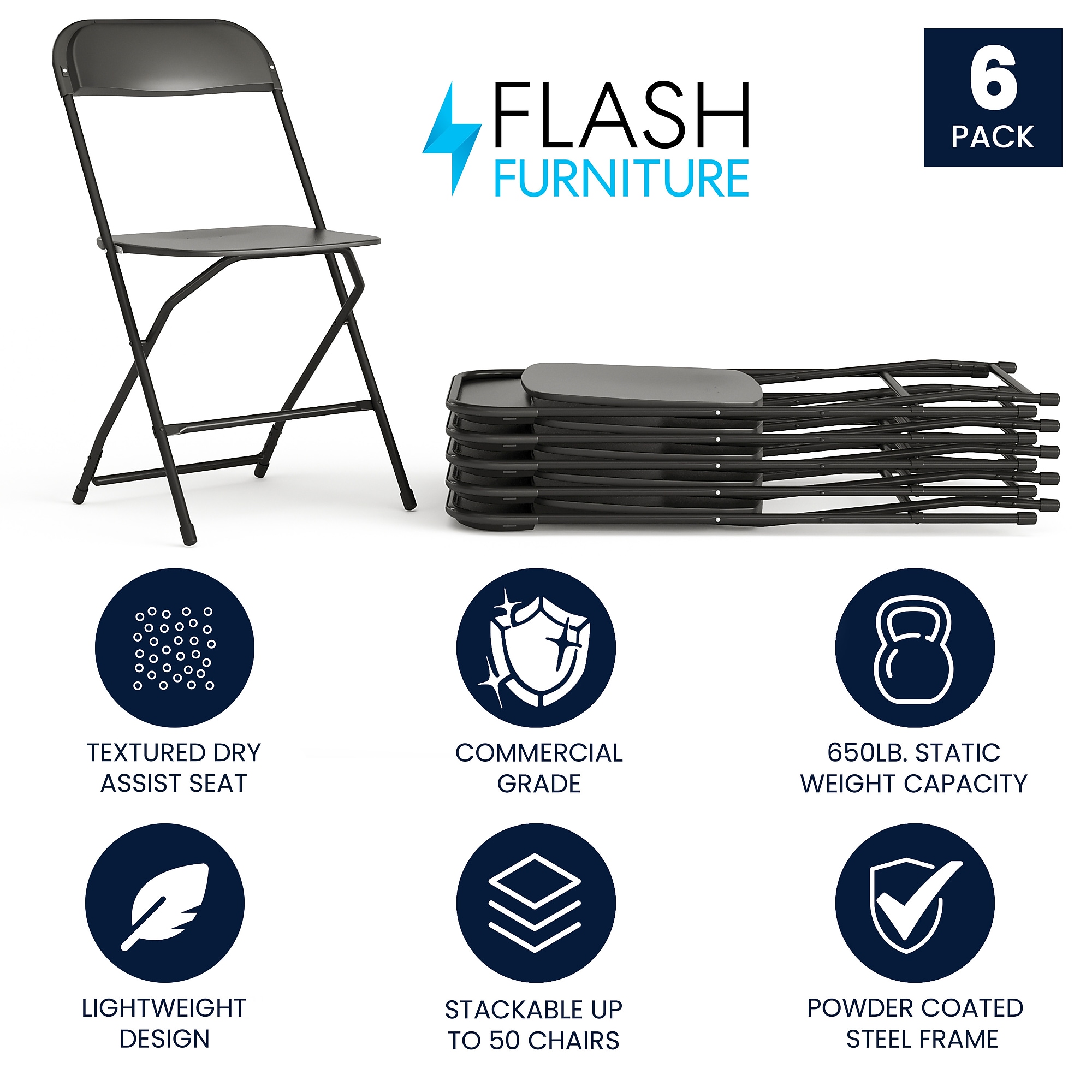 Flash Furniture HERCULES Plastic Folding Chair, Black, 6/Pack (6LEL3BLACK) Sansujyuku sansujyuku.com