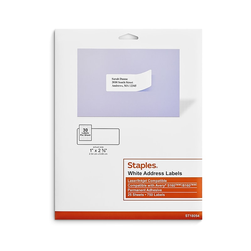 Staples Laser/Inkjet Address Labels, 1" x 2-5/8", White, 30 Labels/Sheet, 25 Sheets/Pack (ST18054-CC) image 1