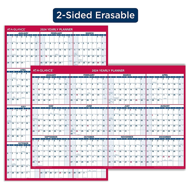 2024 AT-A-GLANCE 48" x 32" Yearly Wet-Erase Wall Calendar, Reversible, Red/Blue (PM326-28-24) image 1