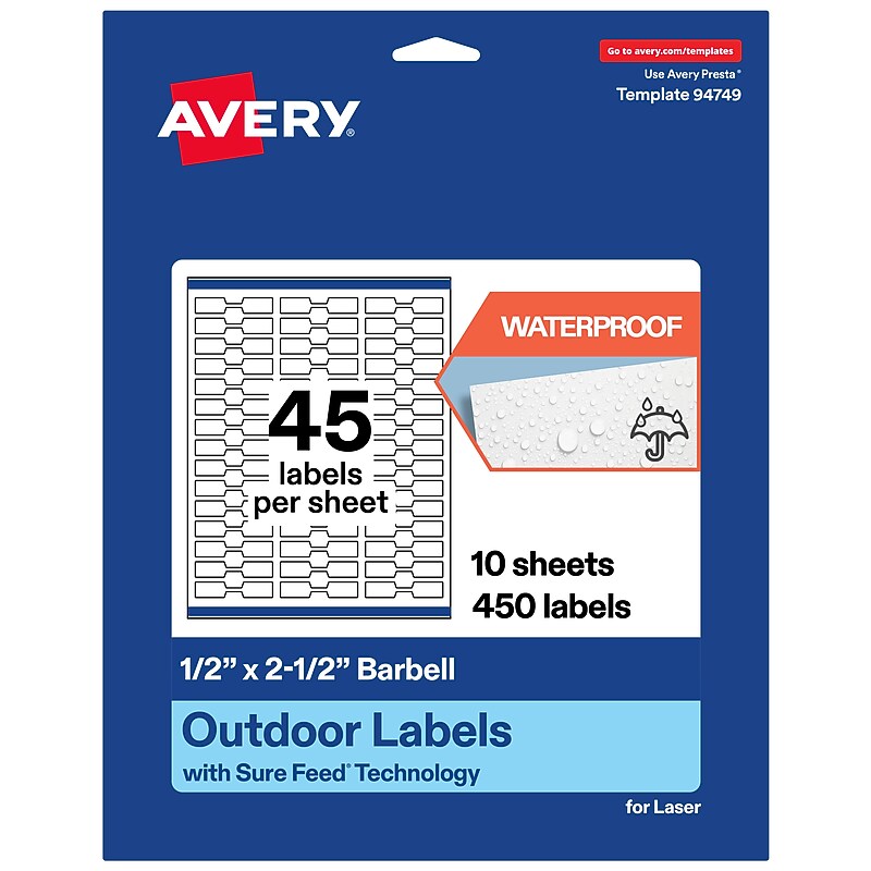 Avery Barbell Laser Multipurpose Labels, 0.5" x 2.5", White, 450/Pack (19479399156) image 1