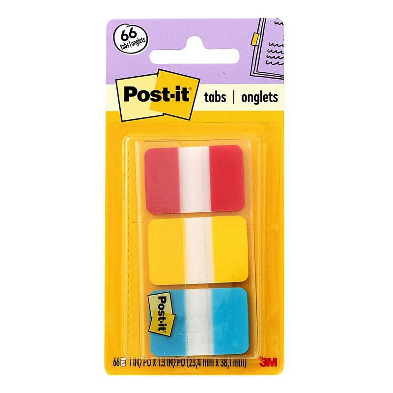 Post-it Tabs, 1" Wide, Assorted Colors, 66 Tabs/Pack (686-RYB) image 1