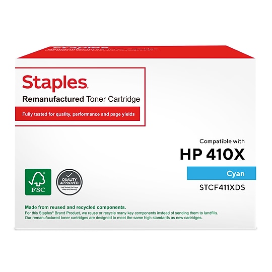 Staples Remanufactured Cyan High Yield Toner Cartridge Replacement for HP 410X (TRCF411XDS/STCF411XDS)~#|#~F86DAD2E-5E0E-4CFD-9539109D6D086935_sc7