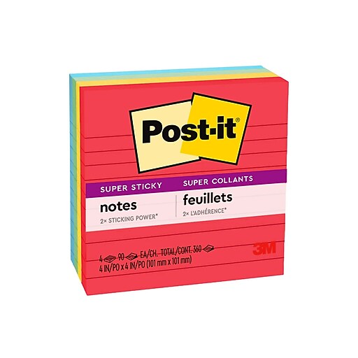 Postit® Super Sticky Notes, Playful Primaries Colors, Lined, 4 in x 4