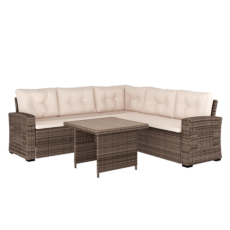 Flash Furniture Huck Indoor/Outdoor Conversation Set with Sofa and Dining Table, Beige and Brown (LTSSET02023BBR) image 1