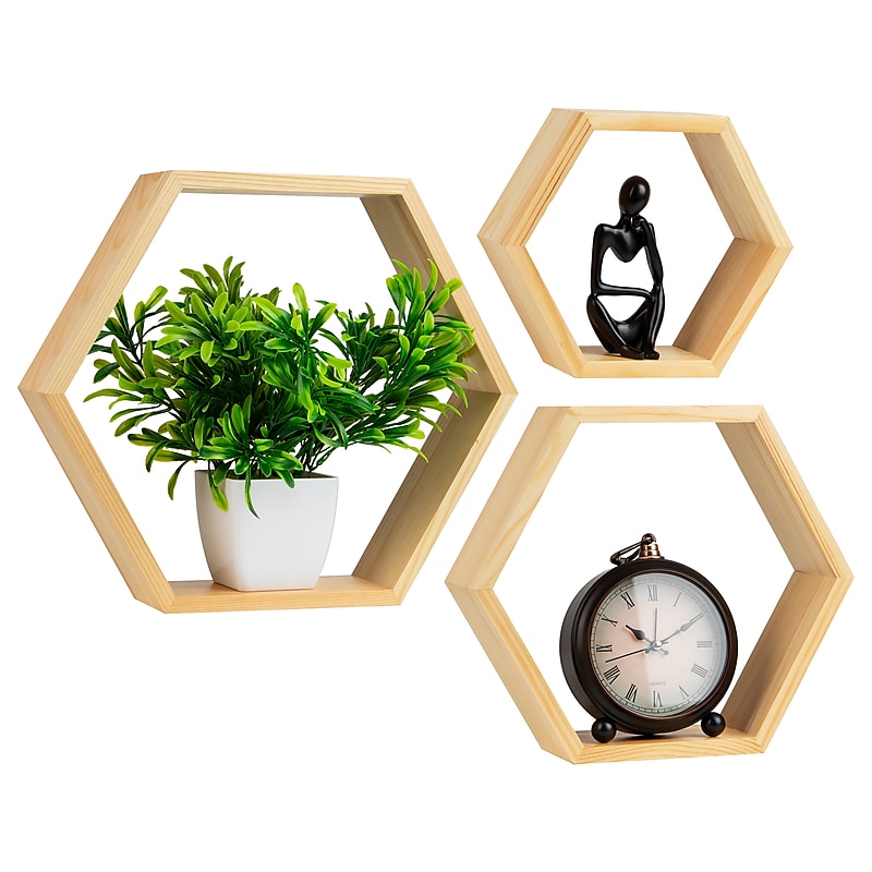 Mind Reader 3-Shelf Bamboo Mouted Honeycomb Hexagon Floating Shelves, 12" x 3.13" x 13.75" (WWALL3PC-BRN) image 1
