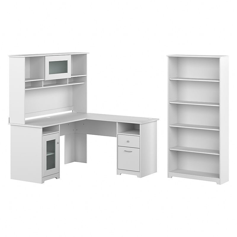 Bush Furniture Cabot 60"W L Shaped Computer Desk with Hutch and 5 Shelf Bookcase, White (CAB011WHN) image 1