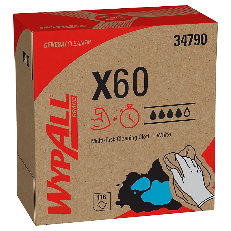 WypAll GeneralClean X60 Fabric Cleaning Wipers, 16.8" x 9.1", White, 118 Wipers/Box (34790) image 1