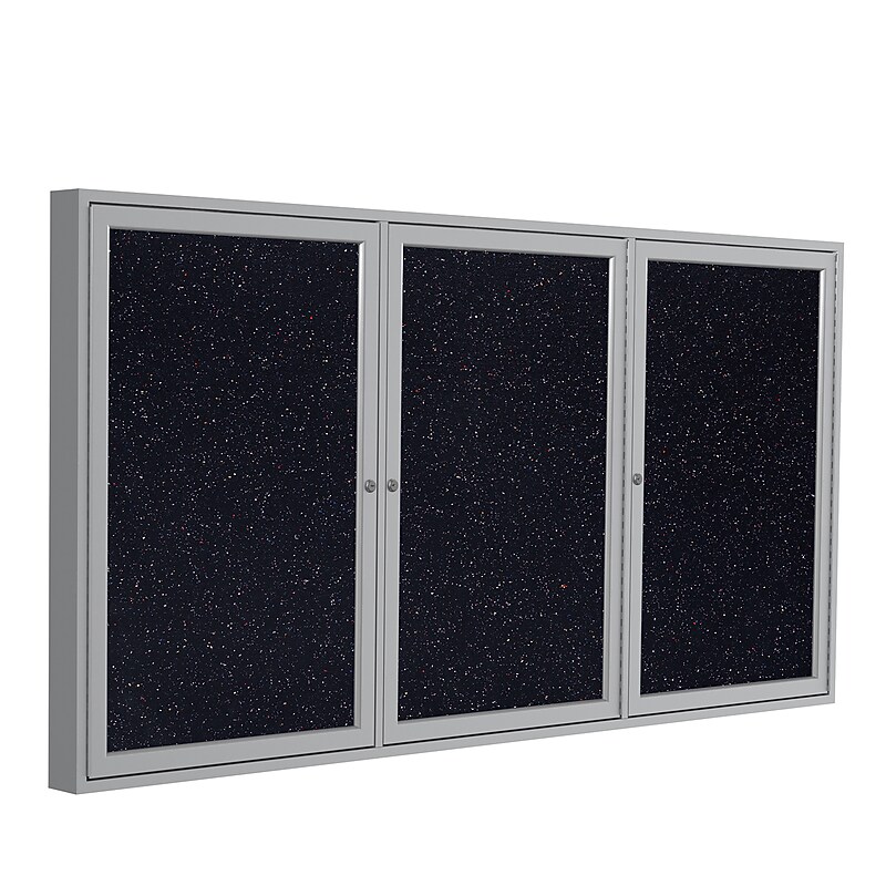 Ghent 3' H x 6' W Enclosed Recycled Rubber Bulletin Board with Satin Frame, 3 Door, Confetti (PA33672TR-CF) image 1
