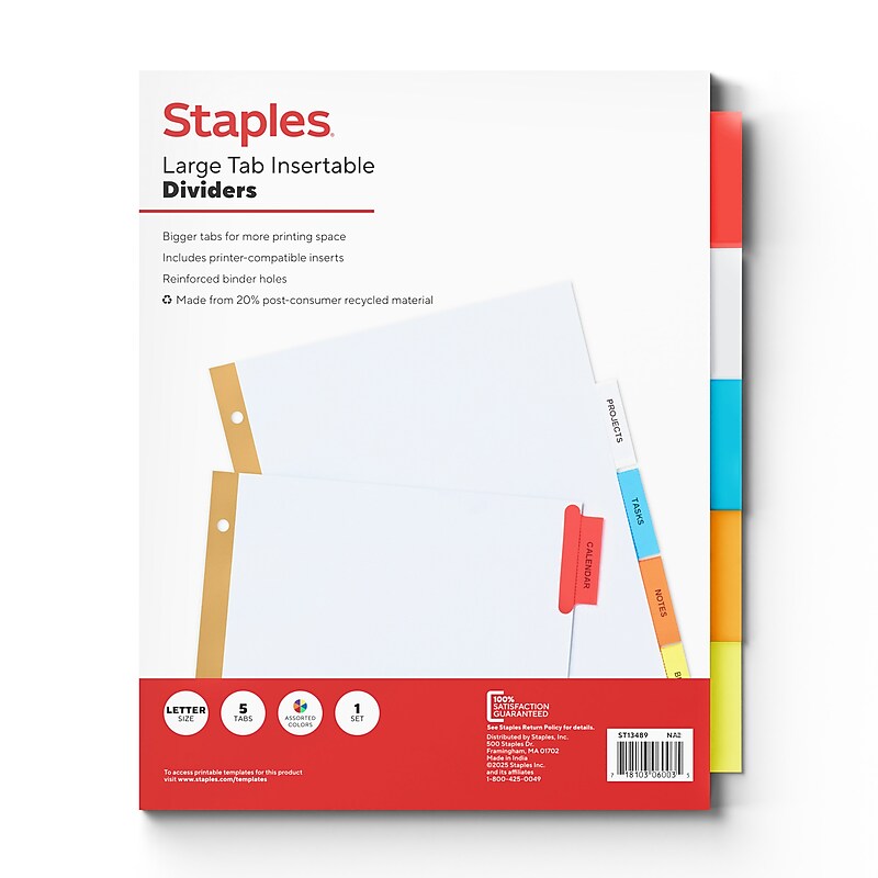 Staples Large Tab Insertable Paper Dividers, Assorted Colors, 5-Tabs (13489/11121) image 1
