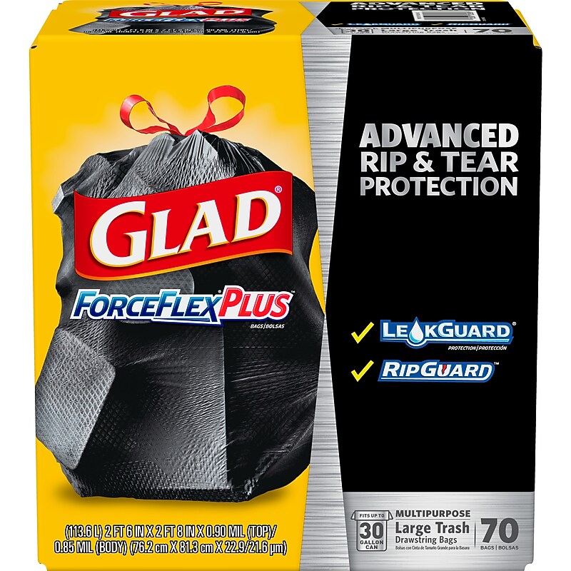 Glad ForceFlexPlus 30 Gallon Trash Bag, 5.31" x 10.06", Low Density, 0.90 mil, Black, 70/Box (70358) image 1