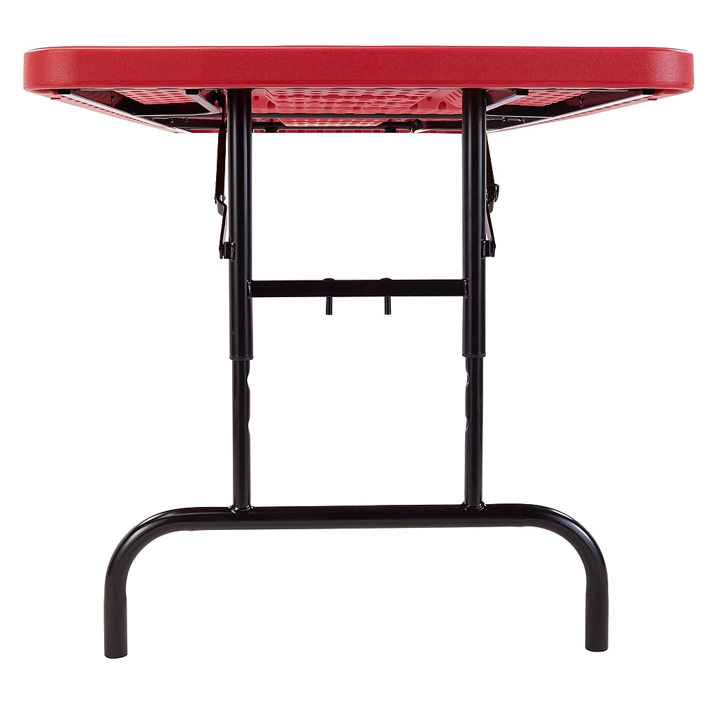 Under-side view of red folding table showing legs and frame