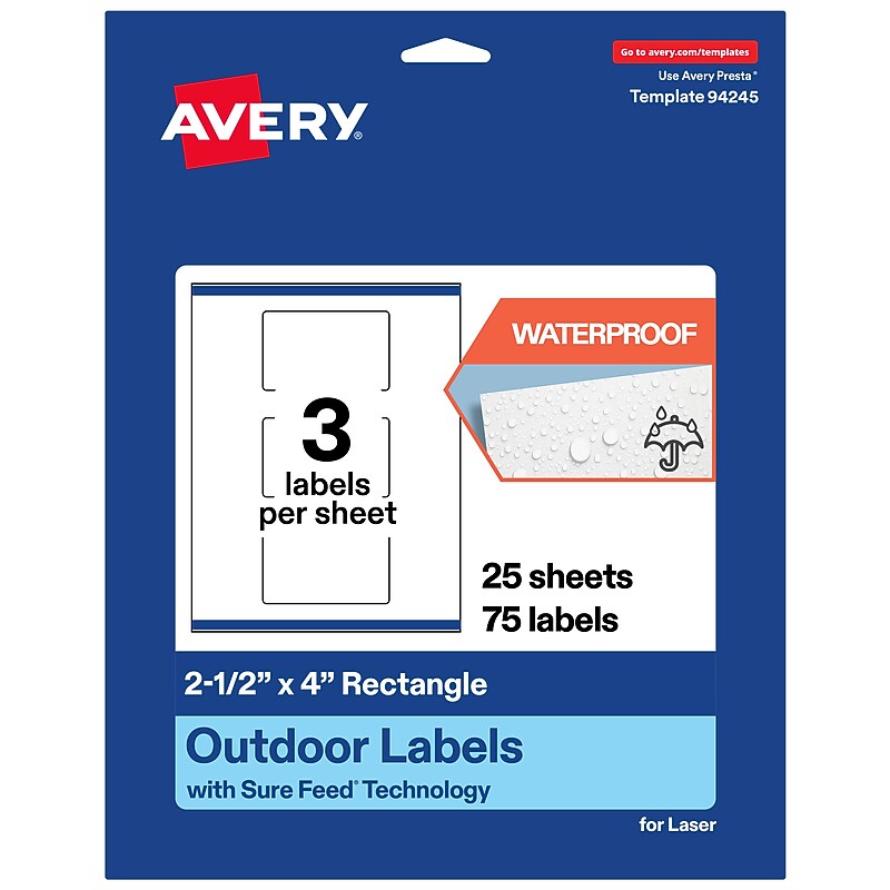 Avery Rectangle Laser Multipurpose Labels, 2.5" x 4", White, 75/Pack (19479399321) image 1