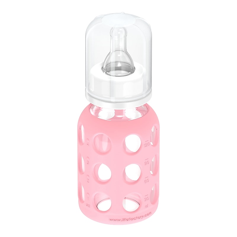 Lifefactory 4 oz. Glass Baby Bottle with Silicone Sleeve, Stage 1 Nipple, Stopper & Cap, Pink (LF110003C4) image 1