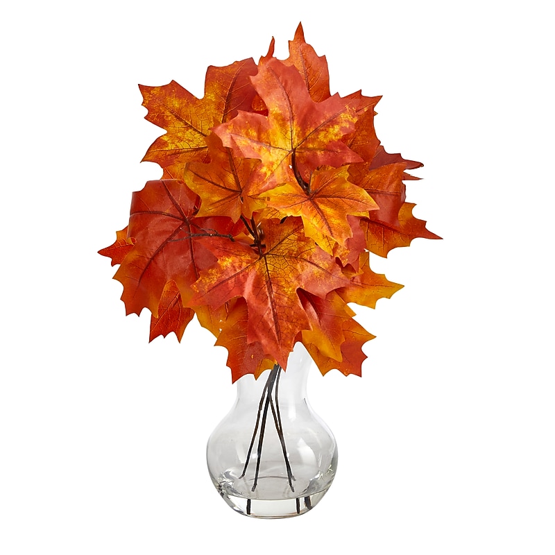 Nearly Natural 18" Autumn Maple Leaf Artificial Plant in Glass Planter (P1541-OG) image 1