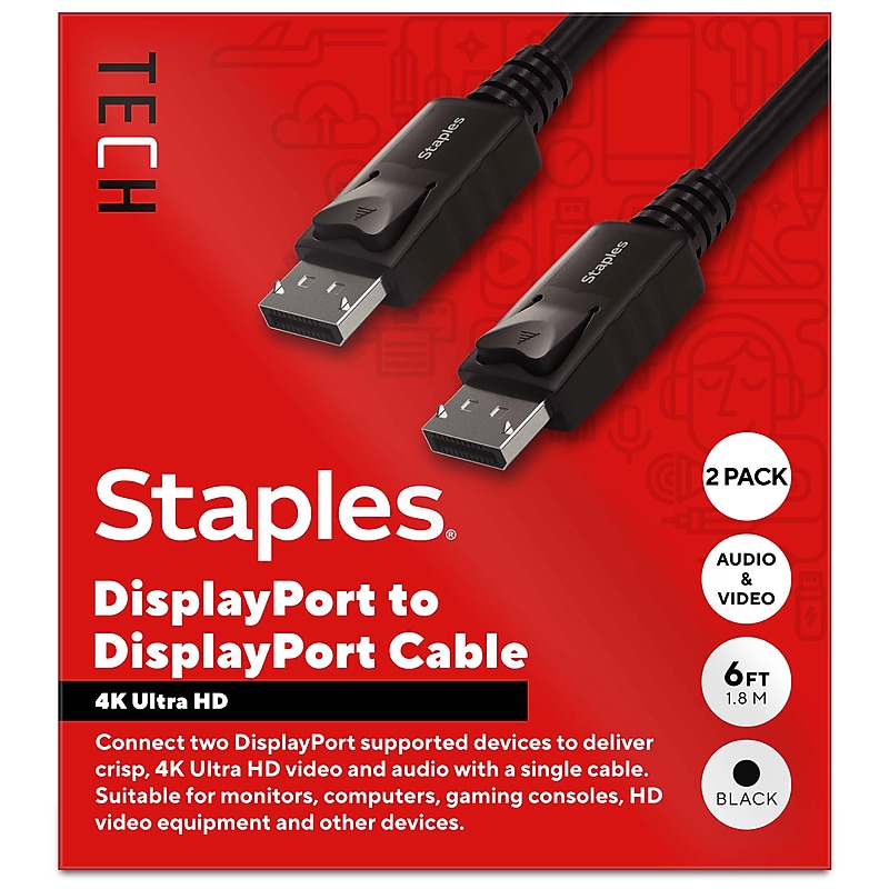 Staples TECH 6 ft. Display Port to Display Port Audio/Video Cable, Male to Male, Black, 2/Pack (ST62469-VB) image 1