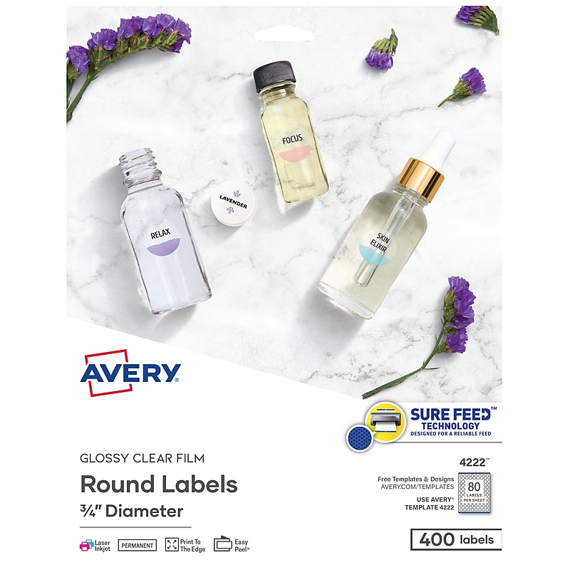 Avery Easy Peel Laser/Inkjet Round Labels, 3/4" Dia, Glossy Clear, 400 Labels/Pack (4222) image 1