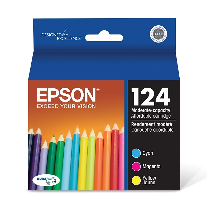 Epson 124 Cyan/Magenta/Yellow Standard Yield Ink Cartridge, 3/Pack  (T124520-S) image 1
