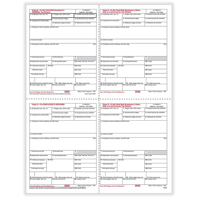ComplyRight 2025 W-2 Tax Form, Employee’s Copies B, C, 2 & 2 Combined, 4-Up, 25/Pack (520525) image 1