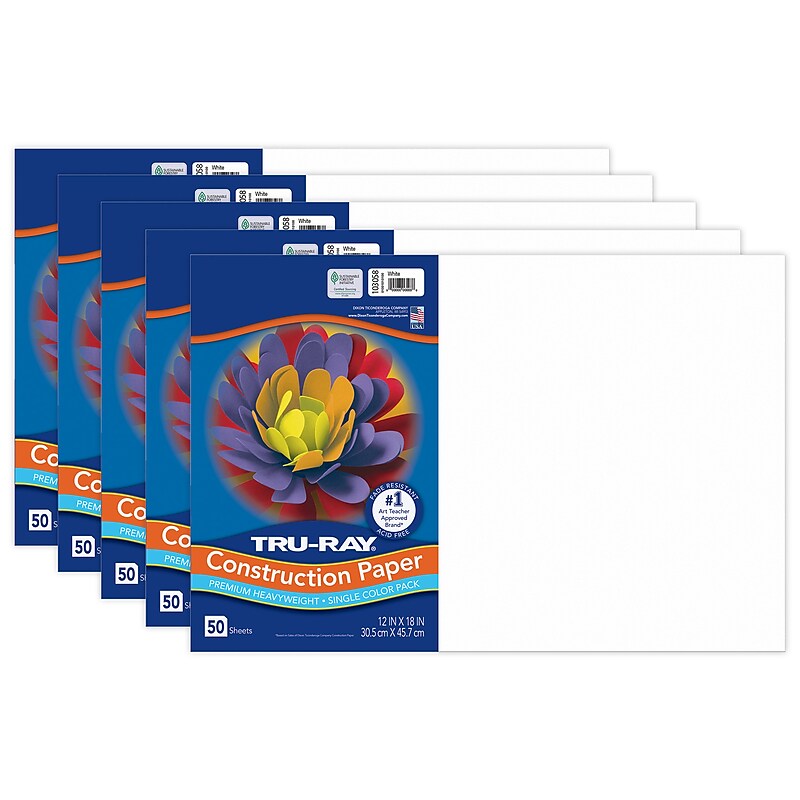 Tru-Ray 12" x 18" Construction Paper, White, 50 Sheets/Pack, 5 Packs/Bundle (PAC103058-5) image 1