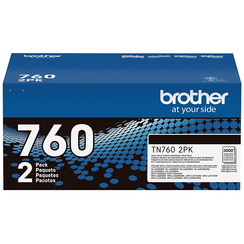 Brother TN 760 Black High Yield Toner Cartridge, 2/Pack (TN7602PK) image 1