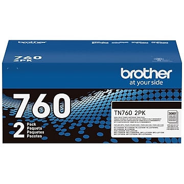 Brother TN 760 Black High Yield Toner Cartridge, Up to 3,000 Pages, 2/Pack (TN7602PK)