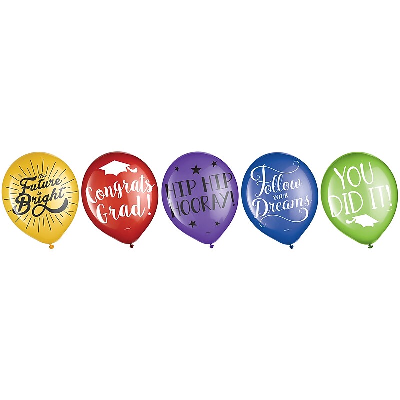 Party City 12" Printed Graduation  Latex Balloons, Assorted Colors, 15/Pack (AM110364-PC) image 1