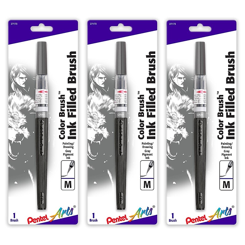 Pentel Arts Color Brush with Water-Based Ink, Gray, 3/Pack (PTAGFLBP137-3) image 1