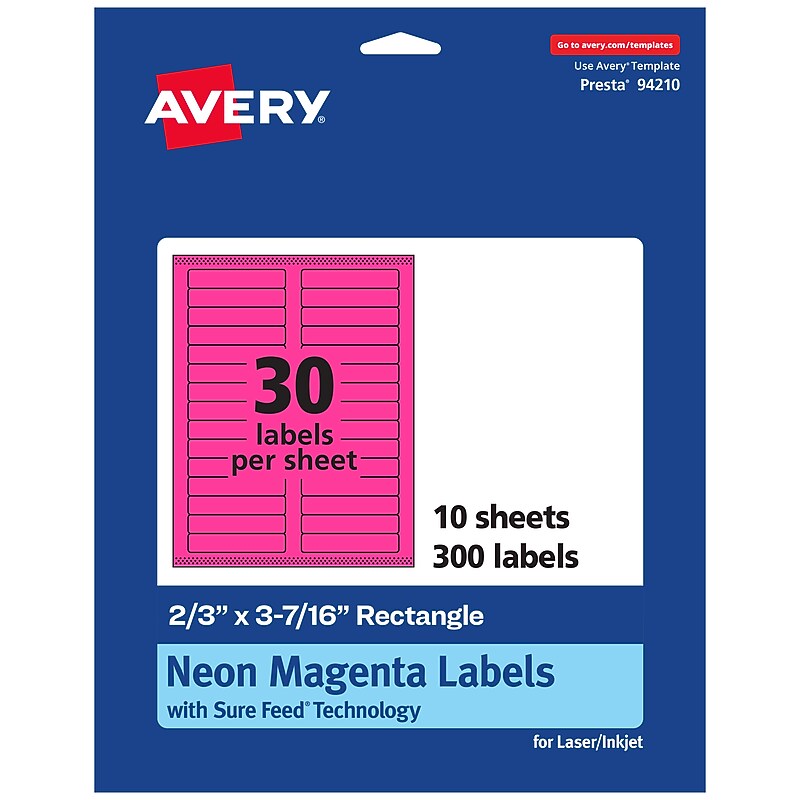 Avery Laser/Inkjet Rectangle Multipurpose Labels, 2/3" x 3-7/16", Neon Magenta, 300/Pack (94210) image 1