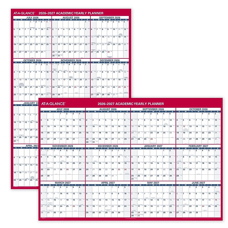 2026-2027 AT-A-GLANCE 48" x 32" Academic Yearly Wet-Erase Wall Calendar, Reversible, White/Red (PM36AP-28-27) image 1
