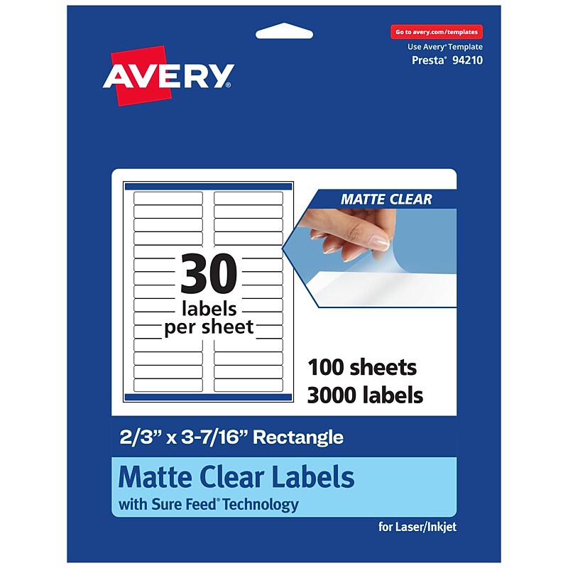 Avery Laser/Inkjet Rectangle Multipurpose Labels, 2/3" x 3-7/16", Clear, 3000/Box (94210) image 1