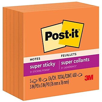 Post-it® Super Sticky Notes, 3" x 3", Neon Orange, 90 Sheets/Pad, 5 Pads/Pack (654-5SSNO)